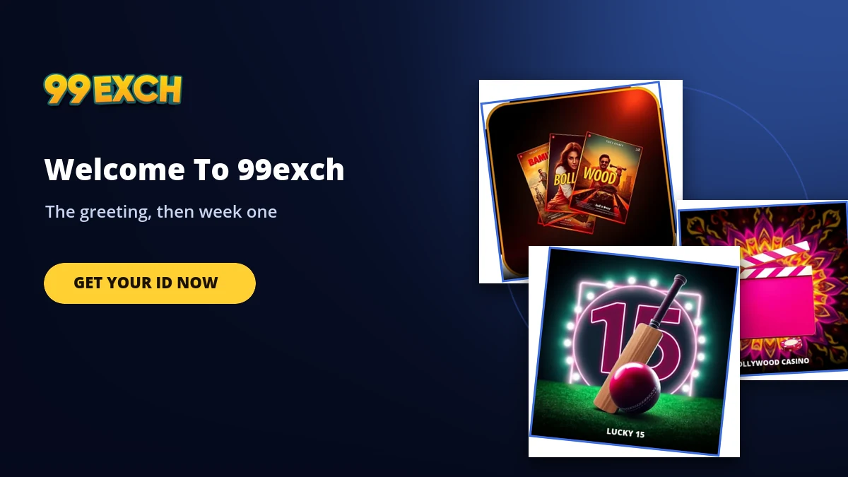 welcome to 99exch landmark banner with amar akbar anthony and bollywood game tiles