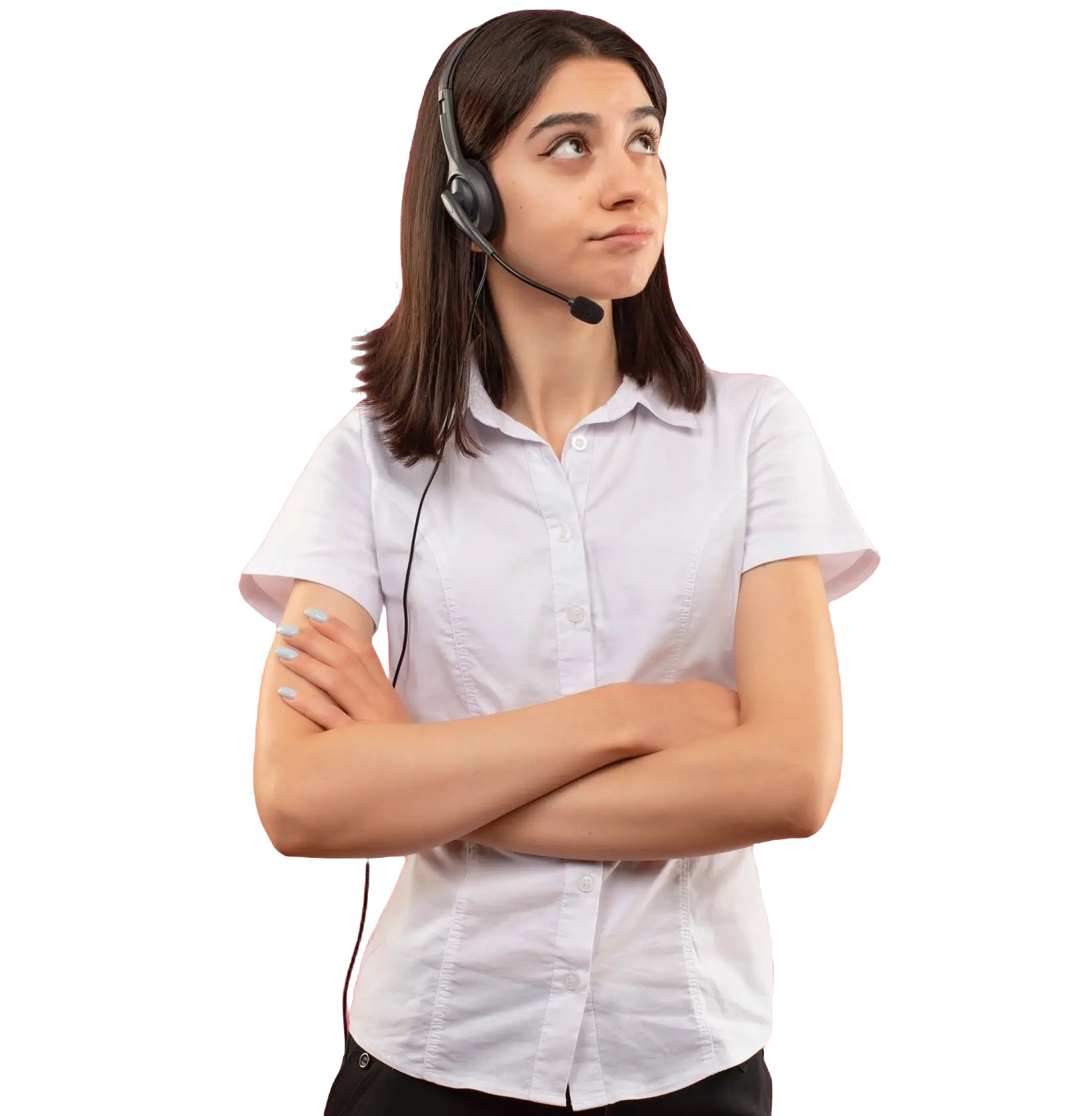 young-girl-white-shirt-headphones-looking-aside-with-pensive-expression-standing-pink-wall